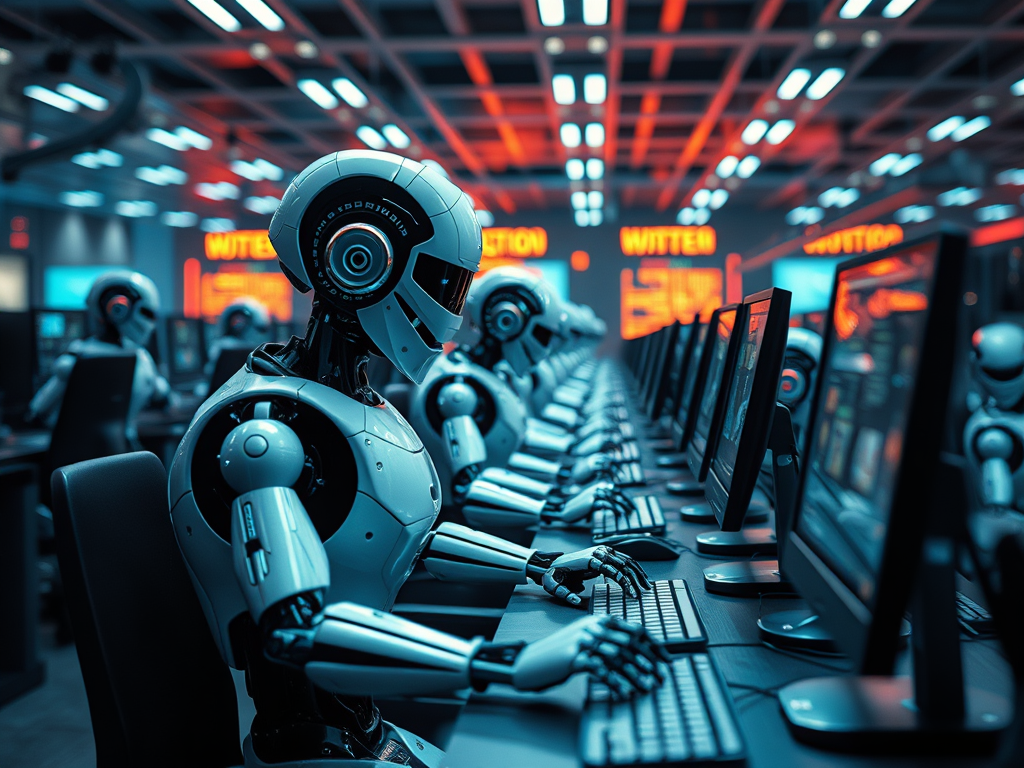 room full of robots typing at computers for an post about ai in marketing where our director of content was quoted by the drum magazine for an article