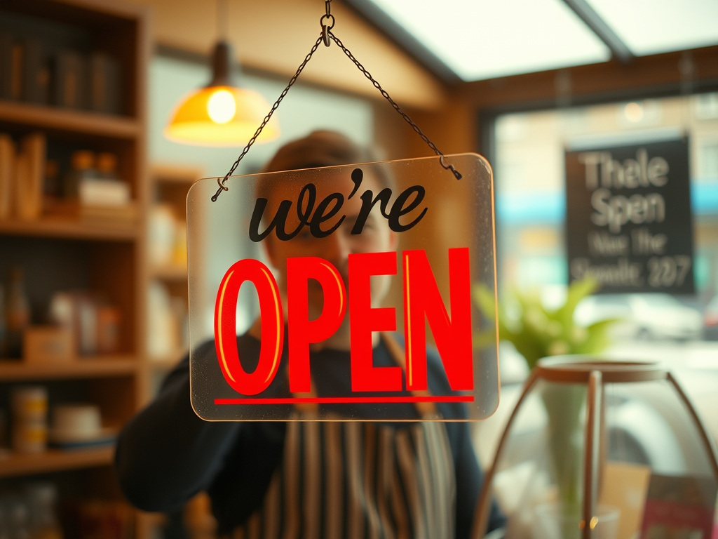 man behind clear we're open sign at a business for an article on digital marketing for small businesses