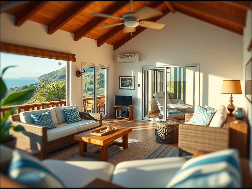 vacation rental property living room with a view of the ocean for an article on how to write a rental property listing description