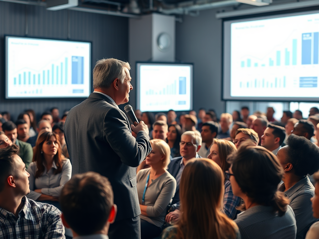 man presenting in front of a crowd at a conference for a post on how to get more leads for a workshop and how to get more people to attend events case study