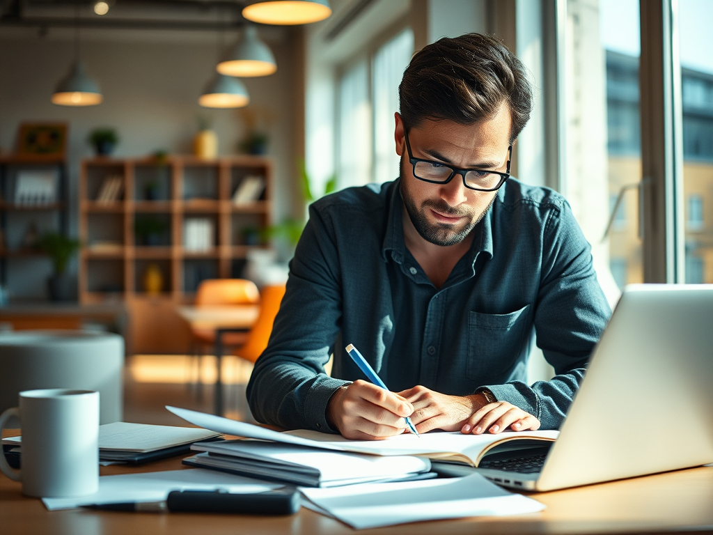 man sitting at desk writing for a blog about about how to write seo content