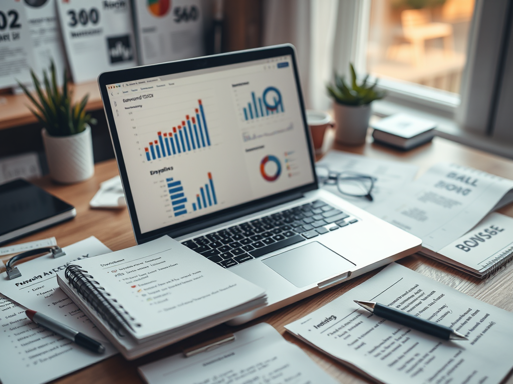 picture of laptop crunching a lot of numbers for a post about seo strategy and how to get page 1 results on google even in the age of ai and GEO search