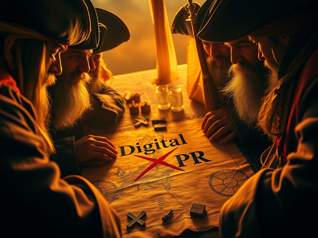 pirates around a treasure map with digital pr on it for a blog post on best digital pr strategies to grow a business and build a brand