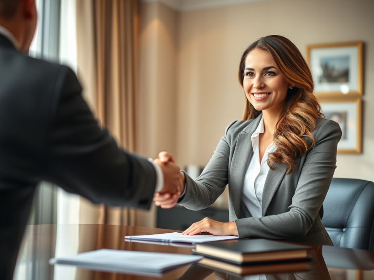 woman attorney shaking hands sitting at a desk for a post about how to write attorney bios that get more clients, better seo, and better talent for the firm