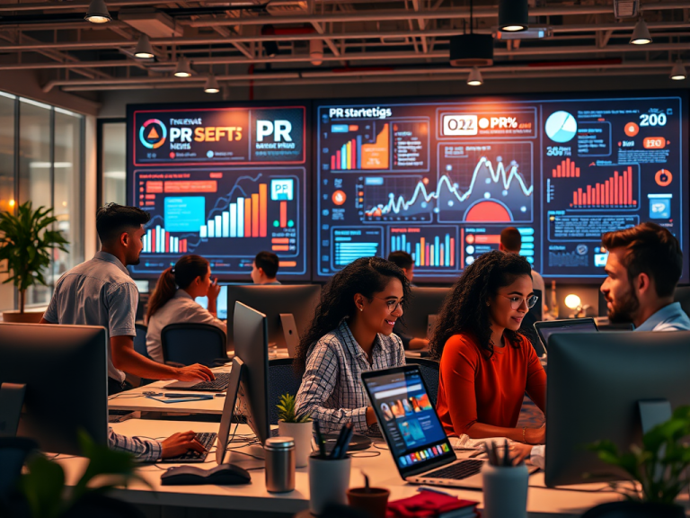 dynamic modern office with people working in the foreground and a large inforgraphic display in the background with pr strategies for businesses that work with ai and digital PR that gets results
