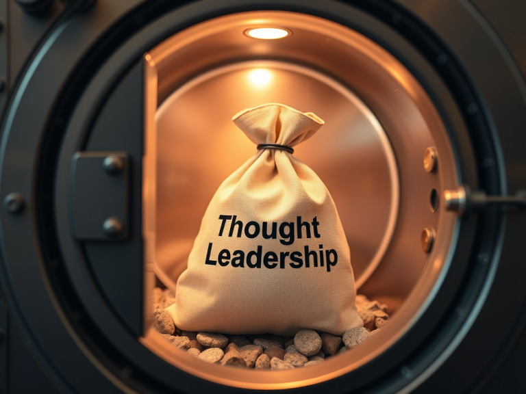thought leadership on a money bag inside a bank vault for an article on how to turn thought leadrship into a long term asset for professional services firms like attorneys and CPAs
