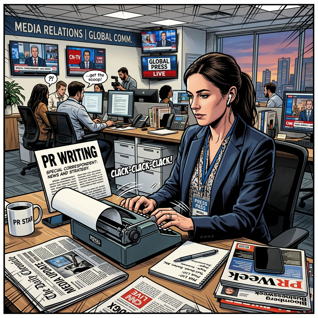 Digital PR writer typing on typewriter with newsroom and TV screens in background